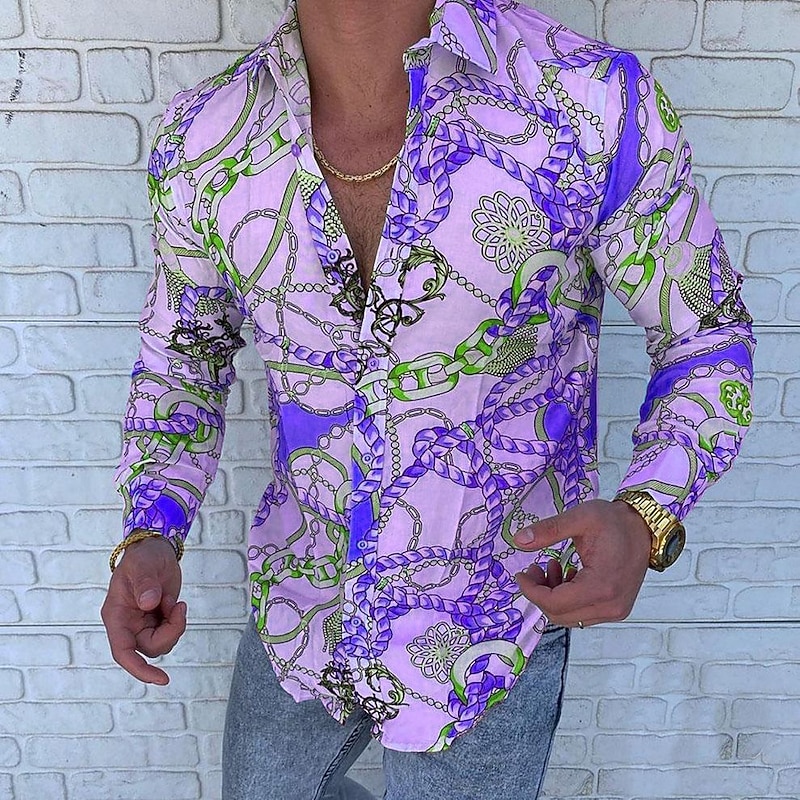 Men's Shirt Button Up Shirt Long Sleeve Designer Punk & Gothic Going out Spring & Summer Standing Collar Patchwork Print Yellow Red Blue Purple4