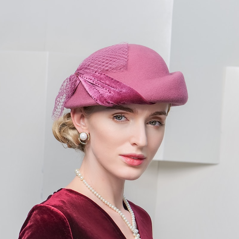 Vintage Style Elegant 100% Wool / Velvet Hats with Bowknot / Beading / Trim 1PC Casual / Holiday Headpiece3