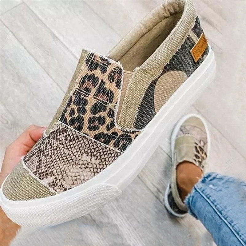 Women's Slip-On Patchwork Sneakers - Casual Leopard Print Canvas Shoes with Snake Pattern Accents for Everyday Wear2