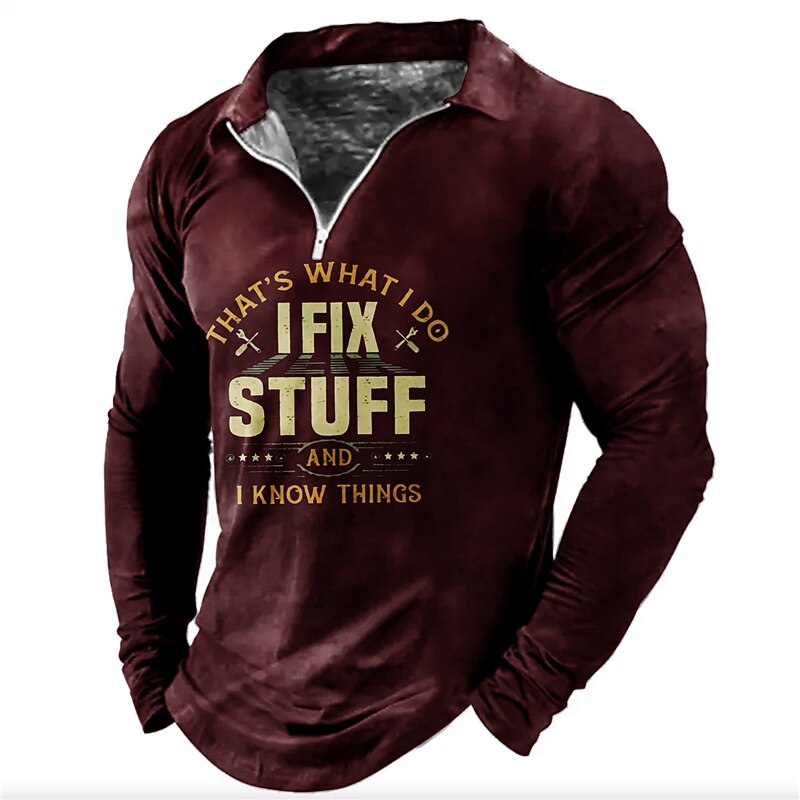 Men's Funny I Fix Stuff Zip Polo Shirts Golf Shirt Long Sleeve Polo Shirts Collared Shirts Vintage Casual Streetwear Festival Wear Party Outfits 3D Print Quarter Zip Polo Black Wine Blue2