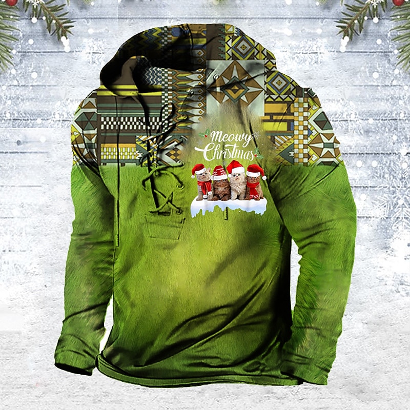 Christmas Men's Santa Claus 3D Hoodies Pullover Pullover Green Light Green Hooded Santa Claus Graphic Prints Ugly  Lace up Print Casual Daily Sports