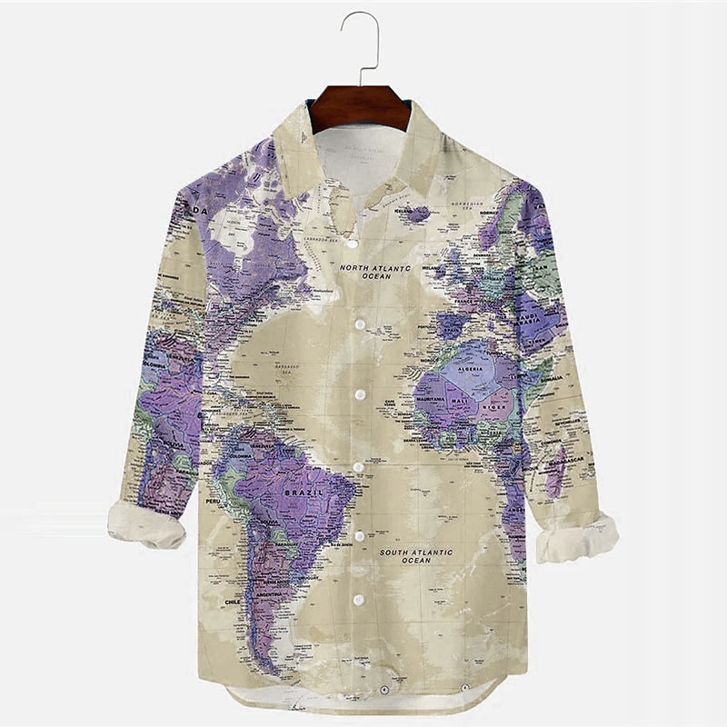 Men's Map Shirt Button Up Shirt Long Sleeve Vintage Fashion Designer Outdoor Casual Holiday Fall & Winter Turndown Print Button-Down Light Pink Blue Green Khaki4