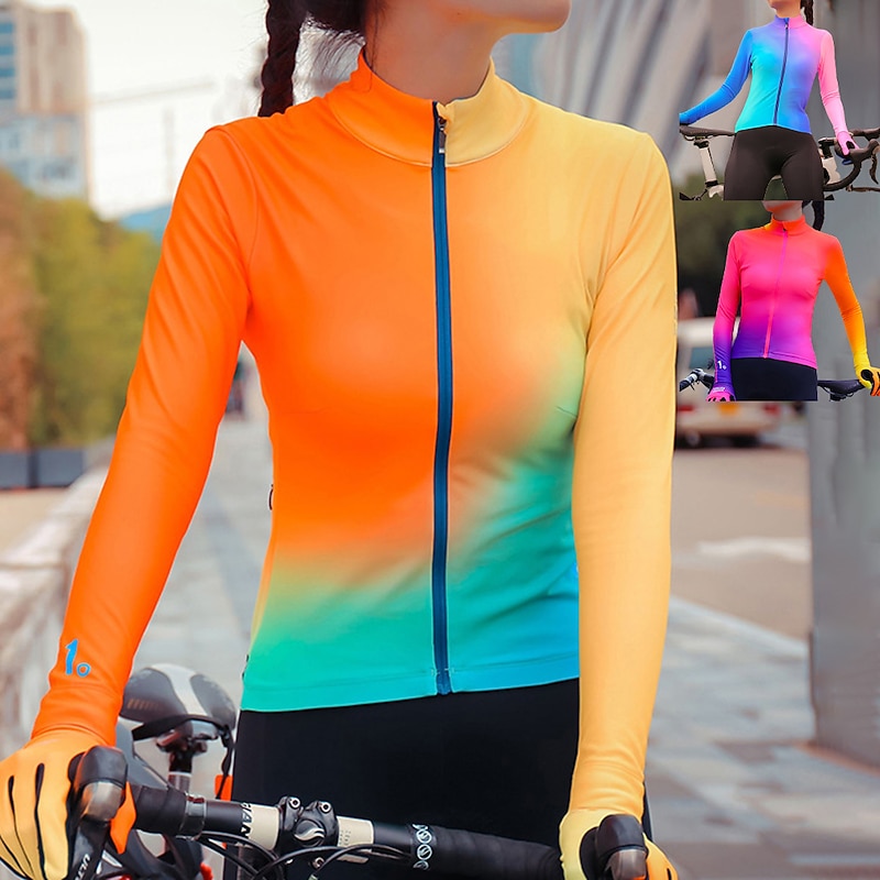 Women's Cycling Jersey Gradient Long Sleeve Bike Jersey Top with 3 Rear Pockets Mountain Bike MTB Road Bike Cycling Quick Dry Reflective Strips Back Pocket Moisture Wicking Sports Blue Orange Rose Red