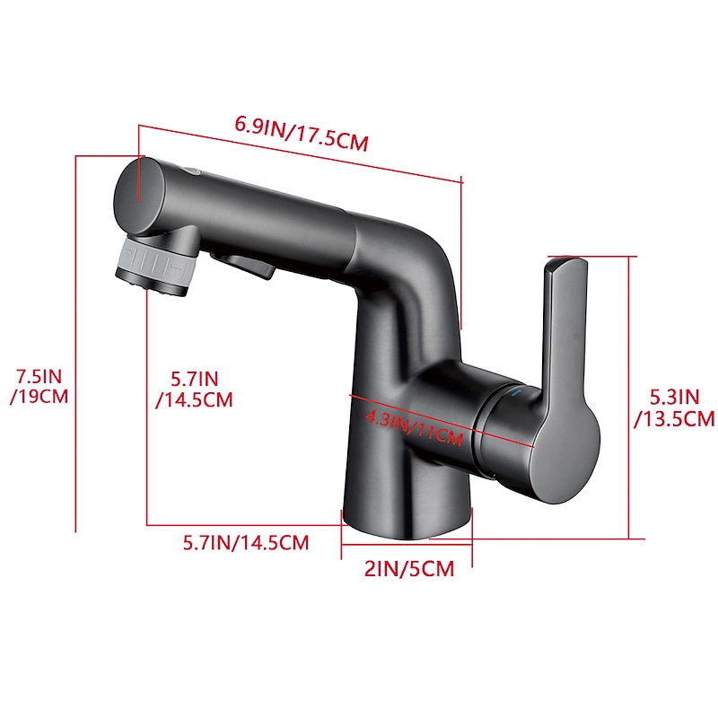 Pull Out Bathroom Sink Mixer Faucet, 360 swivel Pull Down Sprayer Basin Tap Brass, 2 Water Flow Modes with Rotating Spout, Single Handle Washroom Water Tap with Cold Hot Hose2