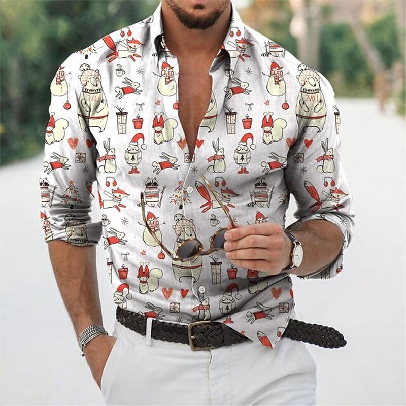 Christmas Men's Christmas Scene Printed Shirts Shirts Cat Snowman Graphic Prints Penguin Turndown Green Gray White 3D Print Street Long Sleeve Button-Down Print Clothing Apparel Fashion Designer4