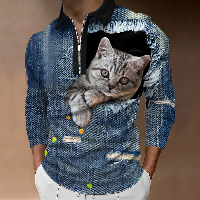 Men's Cat Zip Polo Shirts Golf Shirt Long Sleeve Polo Shirts Collared Shirts Casual Funny Streetwear Vacation Wear Party Outfits 3D Print Quarter Zip Polo Black+Black White & Blue Black