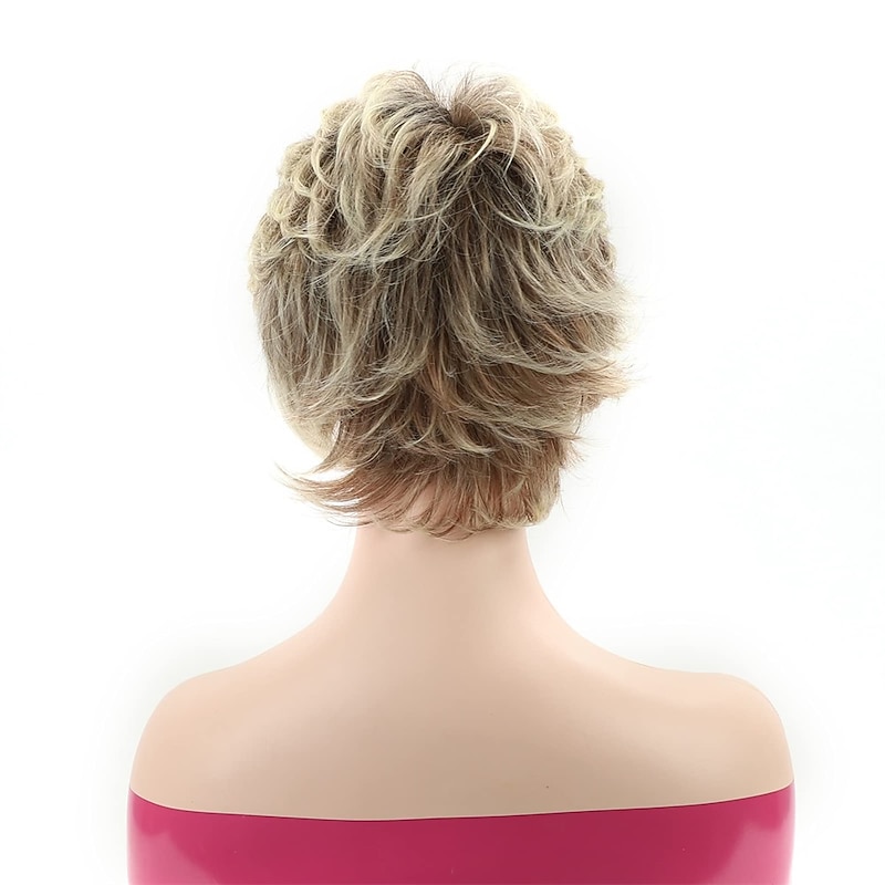 Short Blonde Pixie Cut Wigs for White Women Dark Brown Ombre Blonde Synthetic Hair Wigs Natural Looking Wig3