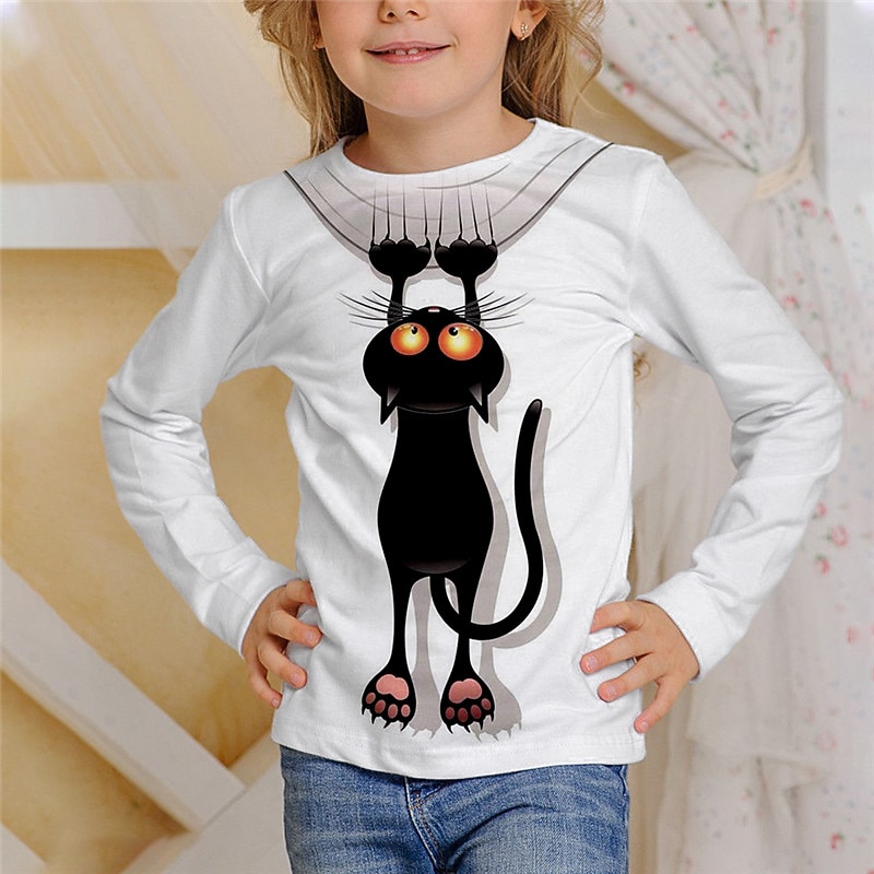 Kids Girls' T shirt Animal Casual 3D Printing Long Sleeve Crewneck Cute 7-13 Years Fall Black White Ivory4