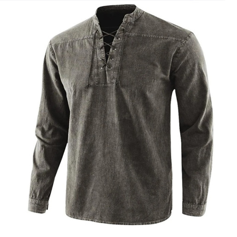 Men's Shirt Summer Shirt Band Collar Shirt Black Light Green Army Green Red Navy Blue Long Sleeve Plain Standing Collar Casual Daily Lace up Clothing Apparel Denim Fashion Streetwear Classic4