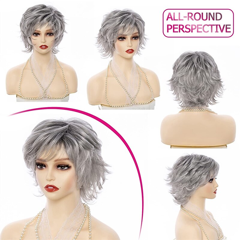 Gray Ombre Wig Pixie Cut Wig with Bangs for White WomenLight Gray Ombre Synthetic Short Curly Hair Wig Womens Short Wigs Gray Pixie Wig for Women Fluffy Layered Synthetic Hair Ash Black Wig Grey2
