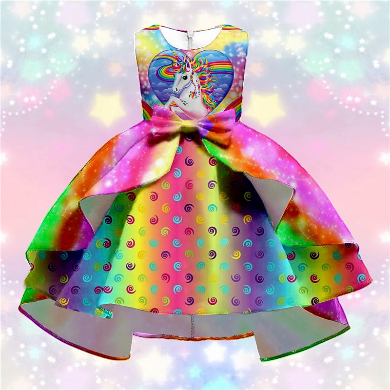 Kids Girls' Dress Party Dress Animal Rainbow Unicorn Sleeveless Formal Ruffle Crewneck Elegant Beautiful Polyester Knee-length Swing Dress A Line Dress Fall Winter 3-10 Years Purple2