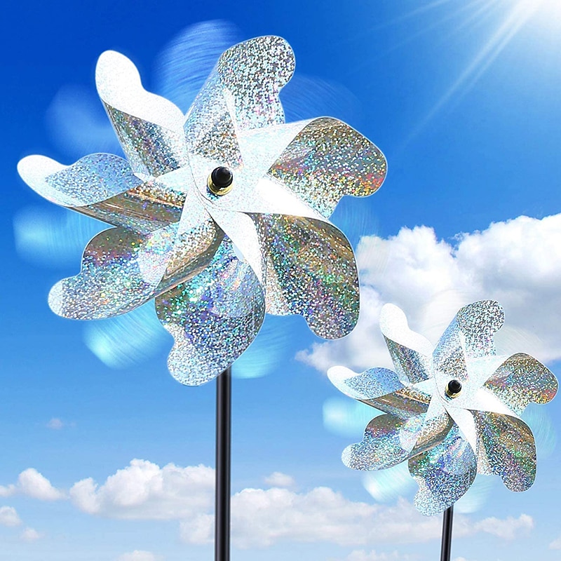 2 Pieces Bird Repeller Windmill Spinner DIY Birds Deterrent Silver Pinwheels for Outdoor Garden Lawn Yard Decoration4