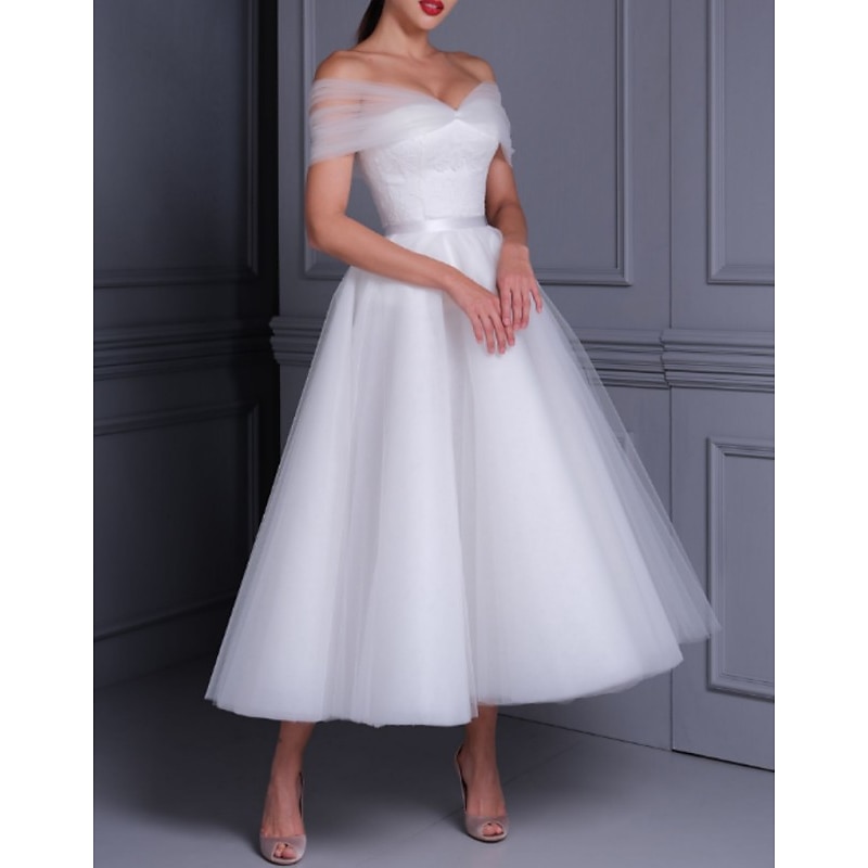 Reception Little White Dress Bridal Shower Dresses Wedding Dresses Ball Gown Off Shoulder Cap Sleeve Tea Length Lace Bridal Gowns With Pleats Appliques2