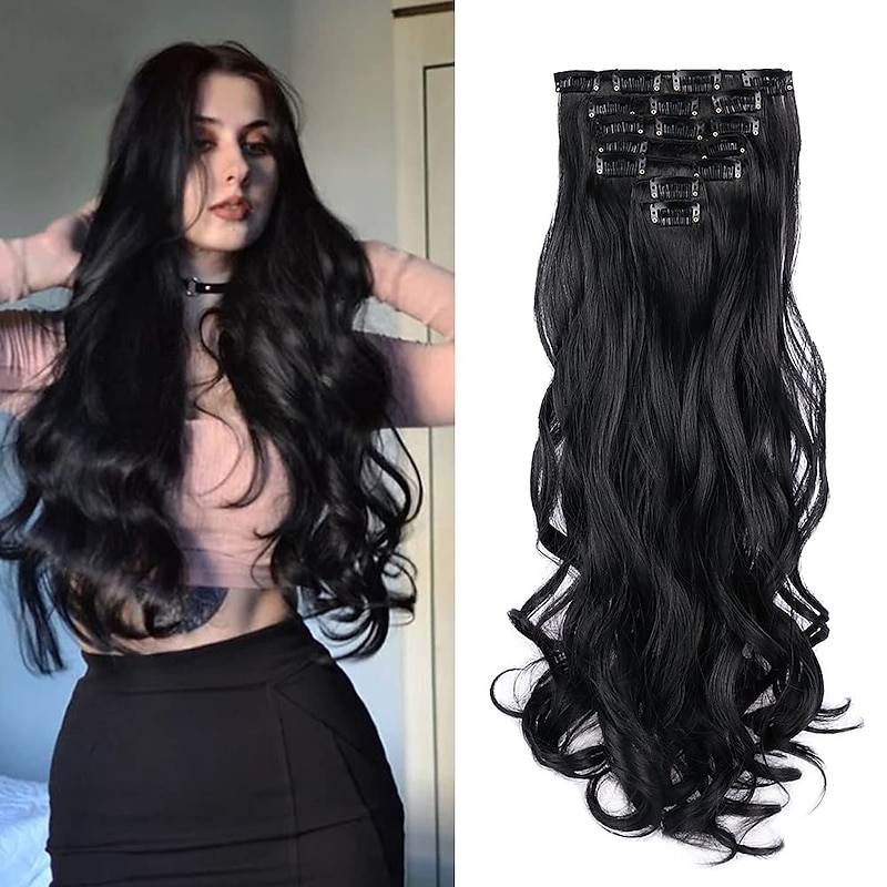 Clip in Hair Extensions 22 Inche Hairpieces 7 Pieces/set Clip On Hair Extension Heat Resistant Synthetic Fiber for Women Daily Use Hair Make Clip Hair Extensions