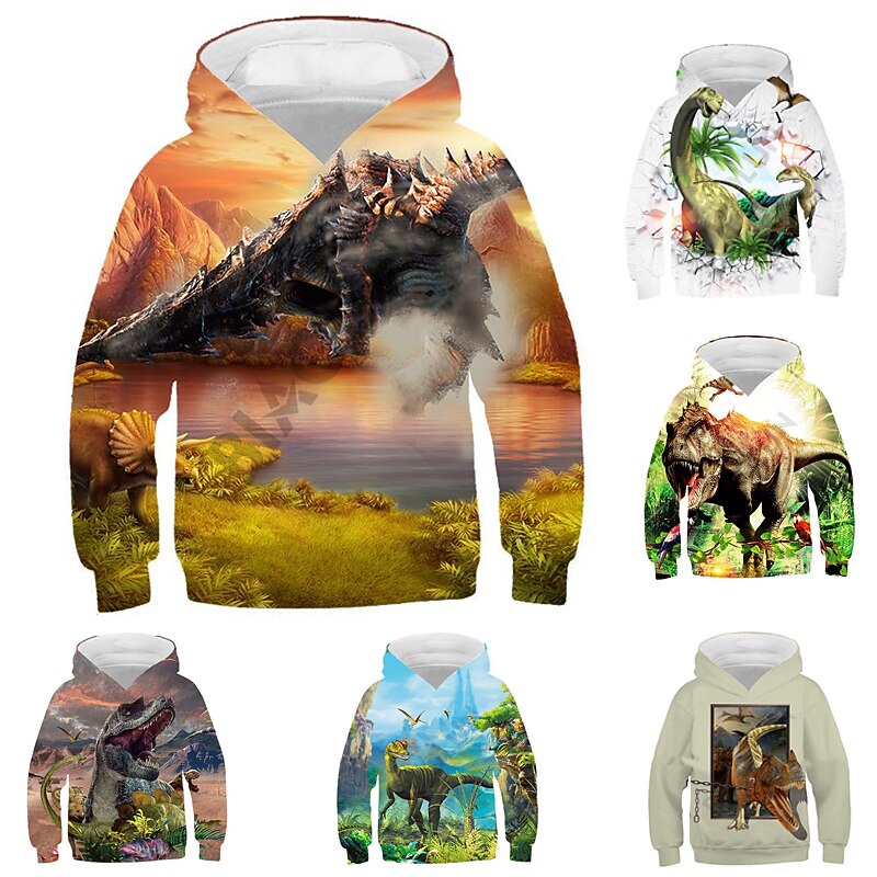 Kids Boys Hoodie Dinosaur Long Sleeve Fall Winter Active Fashion Cotton Casual