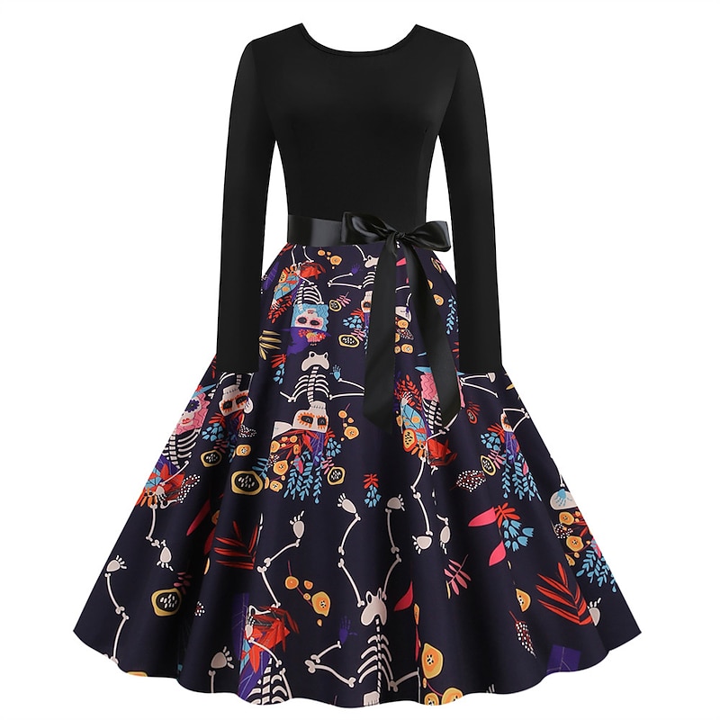 Women's 1950s Flare Dress Swing Dress Sugar Skull Pumpkin Adults' Cocktail Dress Retro Vintage Long Sleeves - Main Image