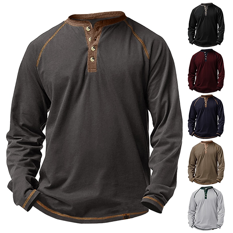 Men's Button T Shirt Henley Shirt Long Sleeve Shirt Long Sleeve Henley Spring &  Fall Plain Fashion Designer Casual Vacation Street Holiday Black Wine Royal Blue Top Tee for Men