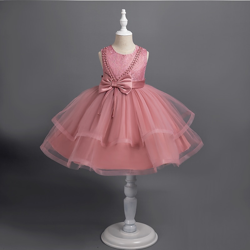 Toddler Girls' Party Dress Solid Color Sleeveless Performance Wedding Tie Knot Adorable Princess Polyester Knee-length Tulle Dress Summer Spring 3-7 Years Multicolor White Champagne4