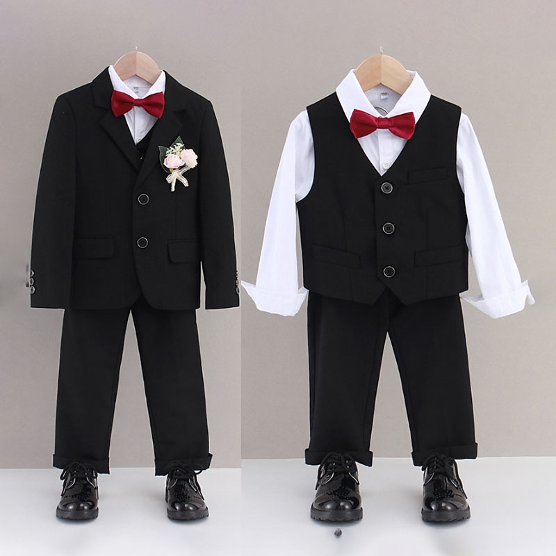 5 Pieces Ring Bearer Suit Boys Kids Suit Formal Suit Suit & Blazer Shirt & Pants Formal Casual Basic Solid Color Black vest + trousers + shirt with bo