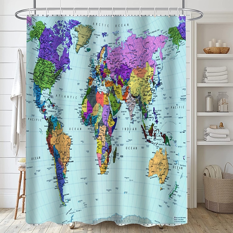 Shower Curtain with Hooks 180cm*180cm(70"*70") Polyester Washable Waterproof World Map Pattern3