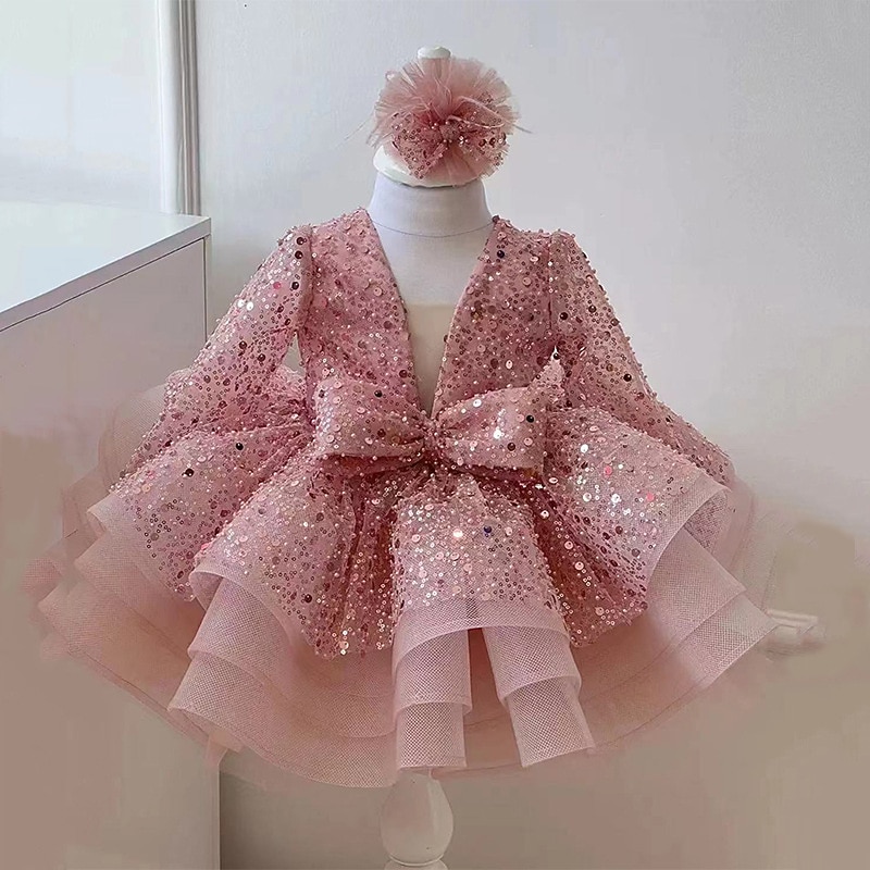 Kids Girls' Flower Girl Dress Party Dress Sequin Long Sleeve Performance Wedding Anniversary Adorable Princess Cotton Above Knee Party Dress A Line Dress Flower Girl's Dress Fall Winter 2-12 Years2