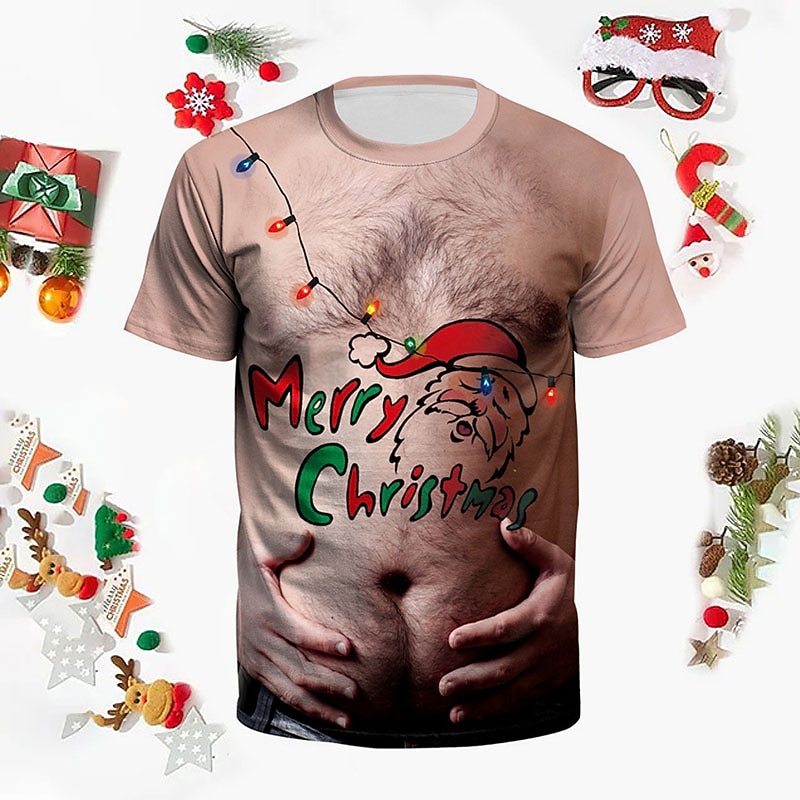 Christmas Men's Christmas Costume 3D T-shirts Tee Santa Claus Graphic Prints Crew Neck Pink 3D Print Outdoor Short Sleeve Print Clothing Apparel Sports Designer Casual Rude