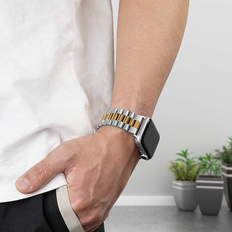Link Bracelet Compatible with Apple Watch band 38mm 40mm 41mm 42mm 44mm 45mm 49mm Men Two Tone Metal Clasp Stainless Steel Strap Replacement Wristband for iwatch Ultra 2 Series 9 8 7 SE 6 5 4 3 2 14