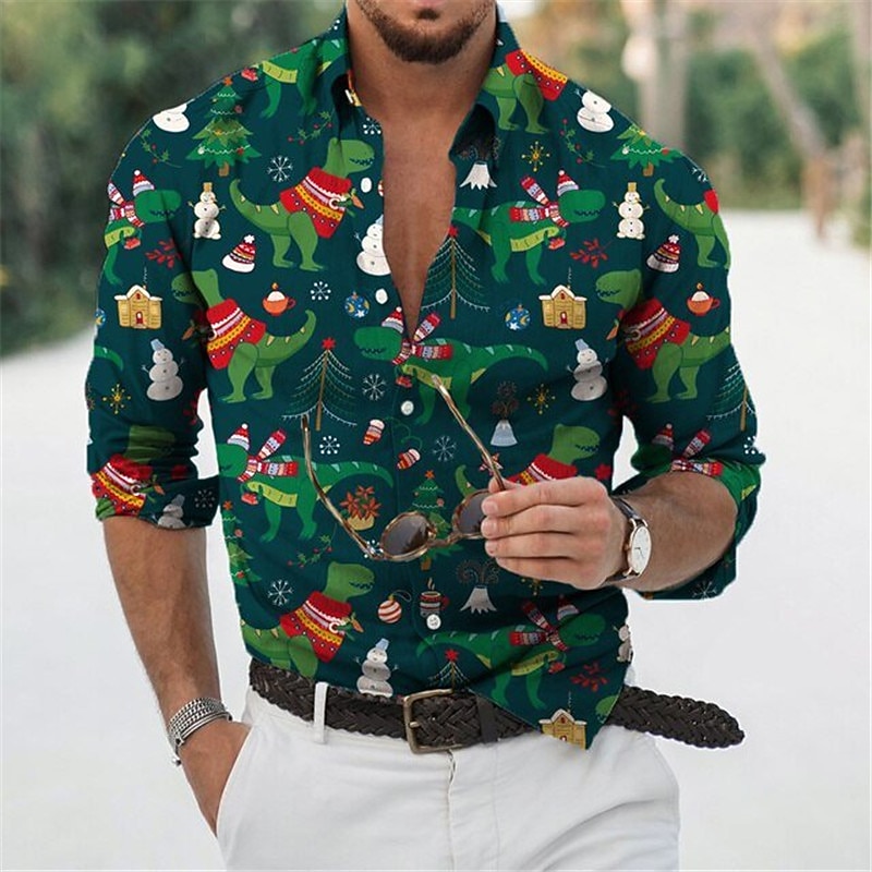Christmas Men's Christmas Scene Printed Shirts Shirts Animal Dinosaur Graphic Prints Turndown Green Beige White 3D Print Street Long Sleeve Button-Down Print Clothing Apparel Fashion Designer Casual2