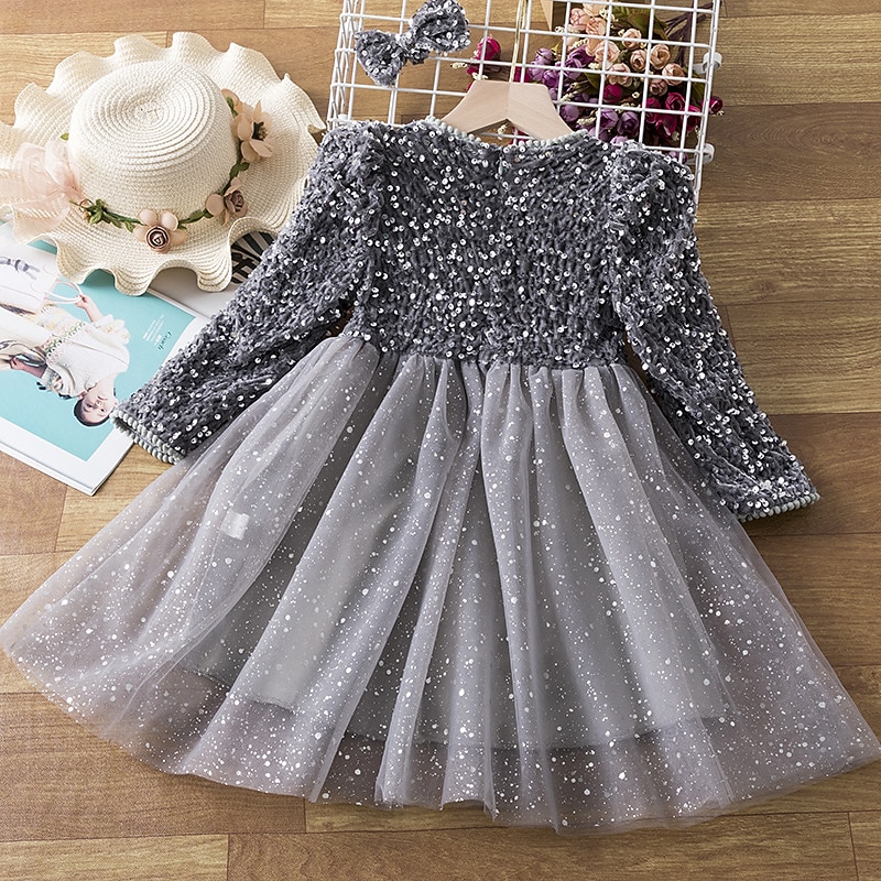 Toddler Girls' Party Dress Solid Color Long Sleeve Performance Sequins Mesh Cute Princess Polyester Knee-length Tulle Dress Summer Spring 3-7 Years Red Gray3