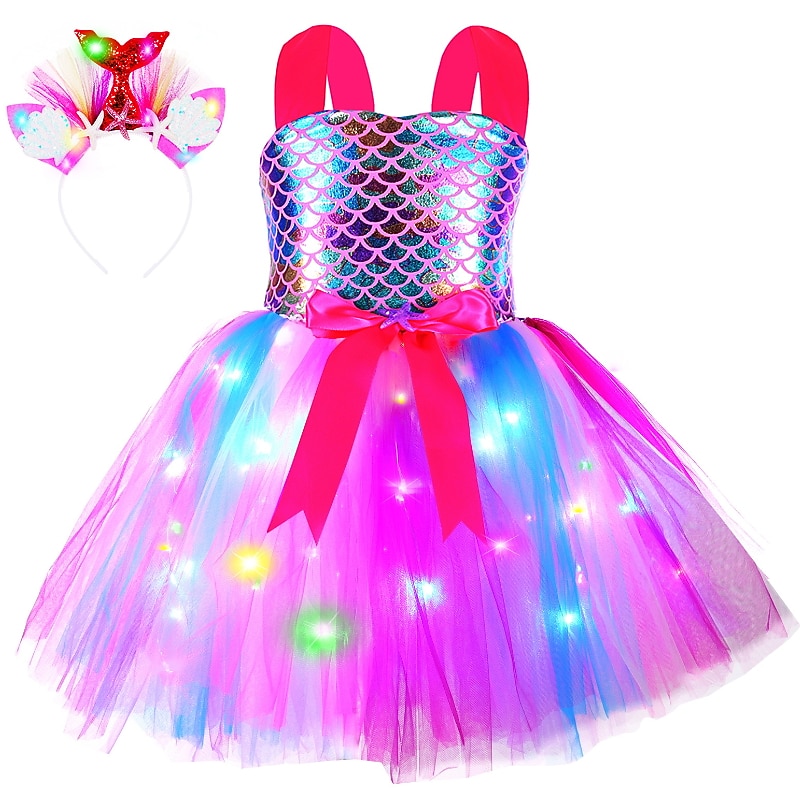 Kids Girls' Dress Solid Color Sequin Mermaid Sleeveless Performance Princess Sweet Cotton Above Knee Party Dress A Line Dress Summer Spring 3-10 Years Light Blue Multicolor White2