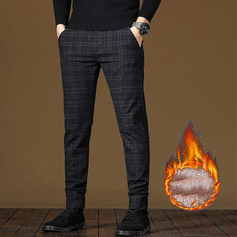 Men's Fleece Pants Winter Pants Trousers Chinos Plaid Dress Pants Pocket Elastic Waist Plaid Comfort Breathable Daily Holiday Going out Streetwear Classic Style Black Blue Micro-elastic