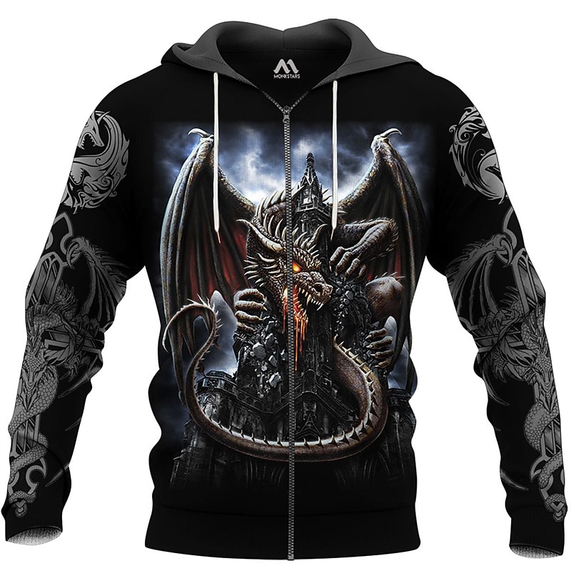 Men's Dragon Graphic Prints Hoodie Hoodies Sweatshirt Streetwear Designer Long Sleeve Hooded Sports & Outdoor Daily Sports Wine Red Red+Gray Zipper Print Spring &  Fall Designer