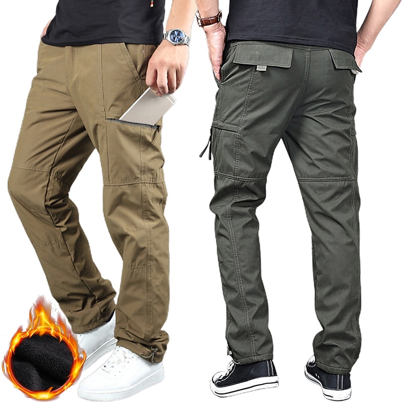 Men's Cargo Pants Cargo Trousers Work Pants Zip Leg Solid Color Thermal Warm Fleece Lining Weekend Streetwear Casual Formal ArmyGreen Black2