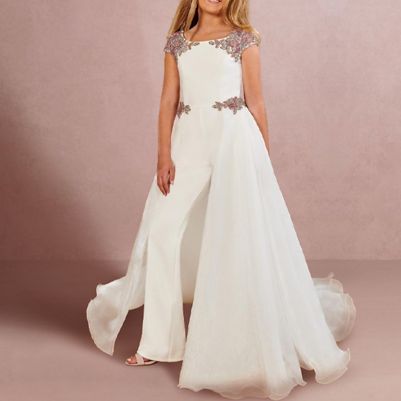 Jumpsuits Floor Length Flower Girl Dress Beach Wedding First Communion Girls Cute Prom Dress Chiffon with Beading Elegant Fit 3-16 Years dress to impress