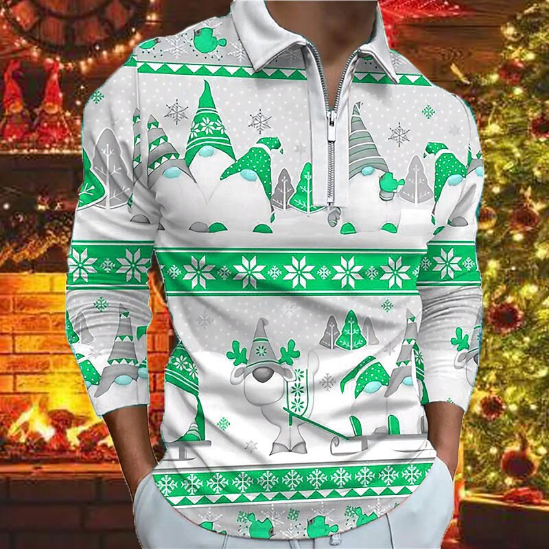 Christmas Men's Santa Claus 3D Zipper Polo Golf Santa Claus Turndown Light Green Red Green Gray 3D Print Street Casual Long Sleeve Zipper Print Clothing Apparel Fashion Designer Casual Breathable4