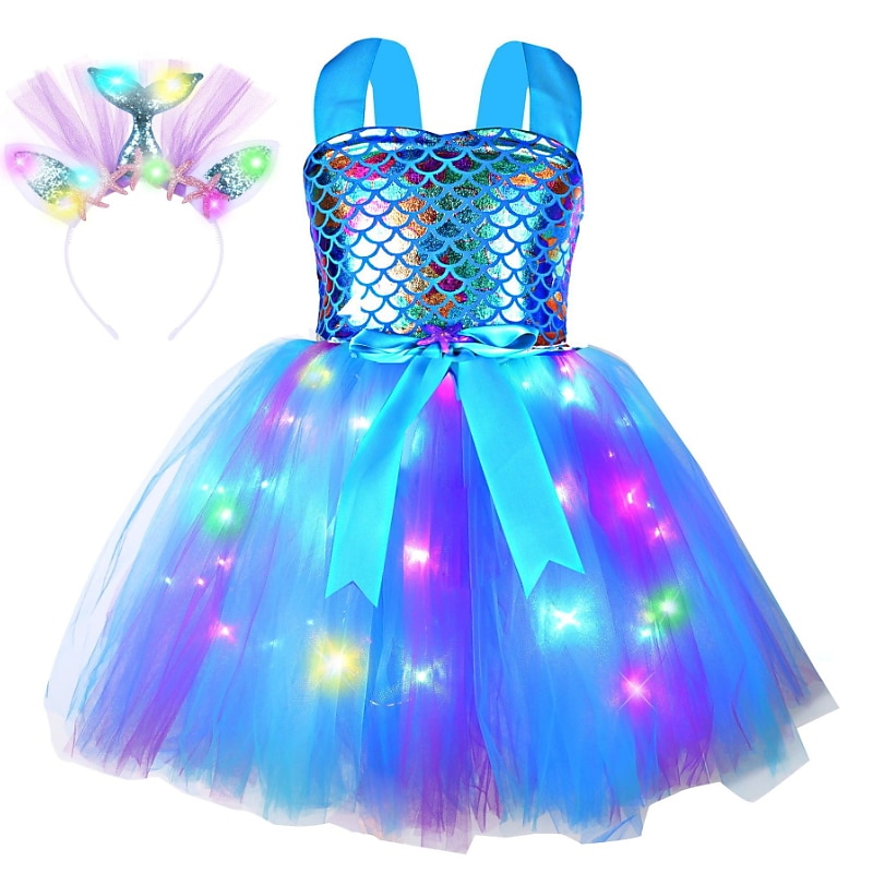 Kids Girls' Dress Solid Color Sequin Mermaid Sleeveless Performance Princess Sweet Cotton Above Knee Party Dress A Line Dress Summer Spring 3-10 Years Light Blue Multicolor White