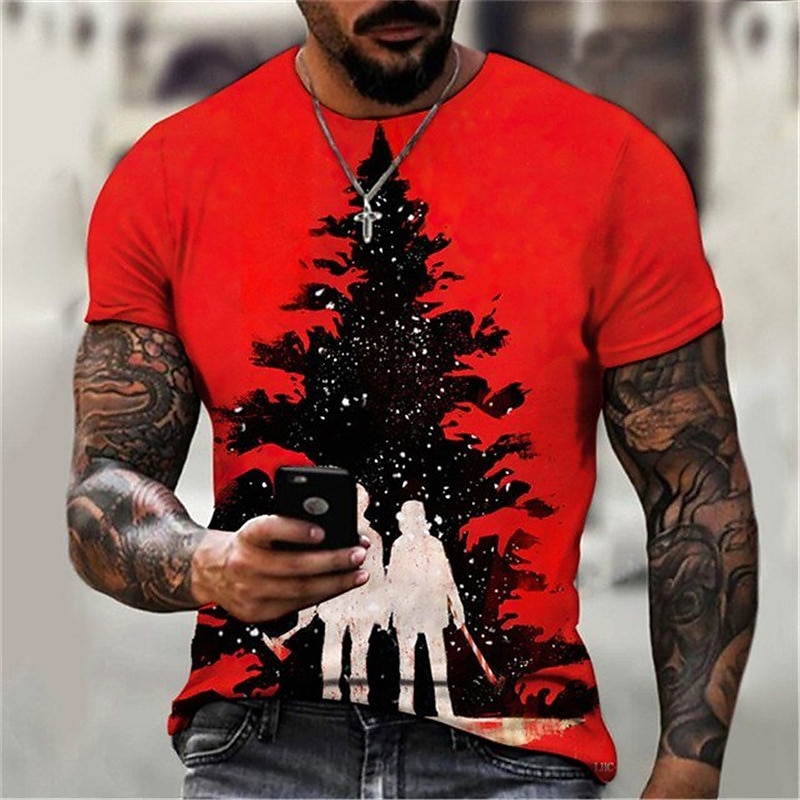 Christmas Men's Christmas tree 3D T-shirts Tee Santa Claus Snowman Graphic Prints Crew Neck Black Red Blue Gray 3D Print Outdoor Short Sleeve Print Clothing Apparel Polyester Designer Casual Merry