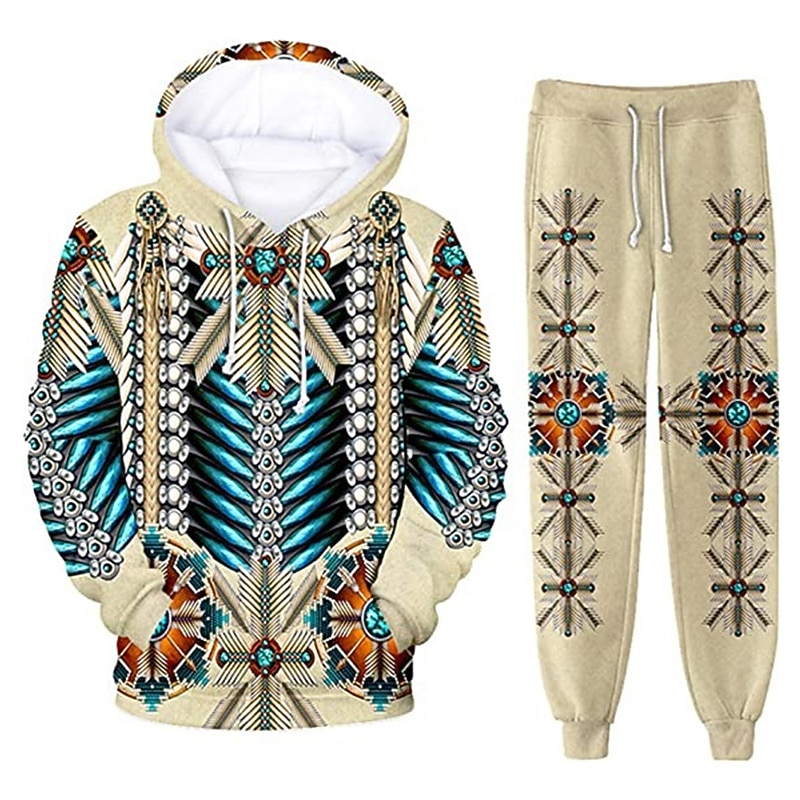 Men's Graphic Wolf Bohemian Style 2pcs 3D Sweatshirt Sets Tracksuit Hoodies Long Sleeve Long pants Hooded Streetwear Designer Basic Sports & Outdoor Casual Sports Print Spring Fall Blue Orange Brown