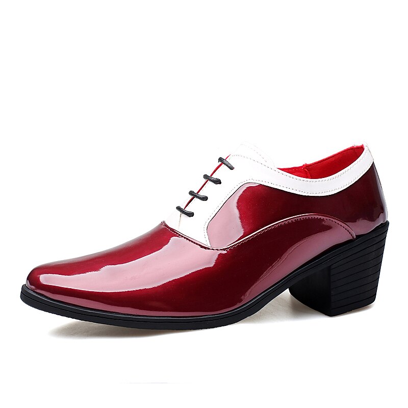 Men's Faux Patent Leather Oxford Shoes – Red and White Lace-Up Dress Shoes with Block Heel, Stylish Formal Footwear for Weddings, Parties, and Stage Performance2