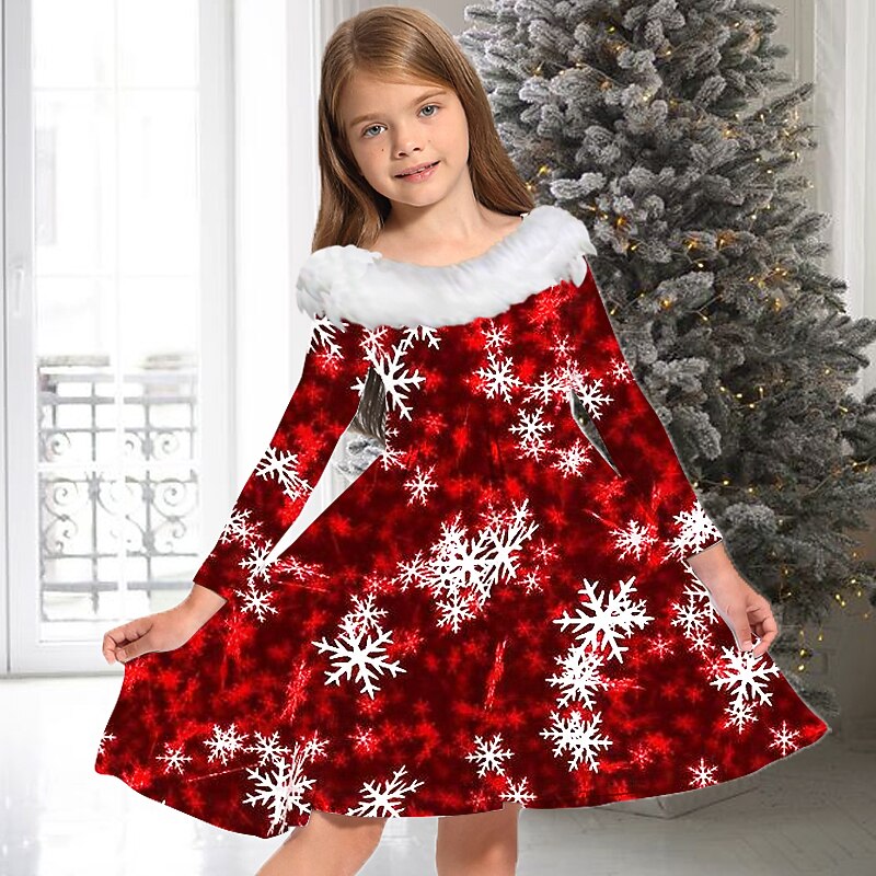 Kids Girls' Dress Star Gradient Long Sleeve Casual Fur Trim Crewneck Elegant Adorable Polyester Above Knee Casual Dress Swing Dress A Line Dress Fall Winter 3-10 Years Black Wine Red4