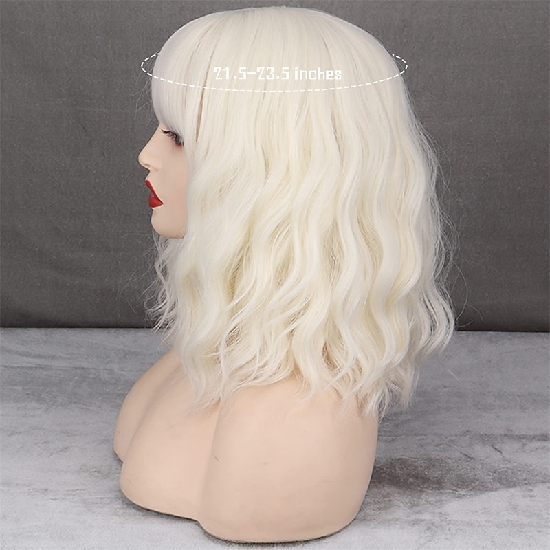 Short Platinum Blonde Wigs for Women White Blonde Wavy Wig with Bangs Synthetic Medium Length Platinum Wavy Bob Wig for Daily Use3