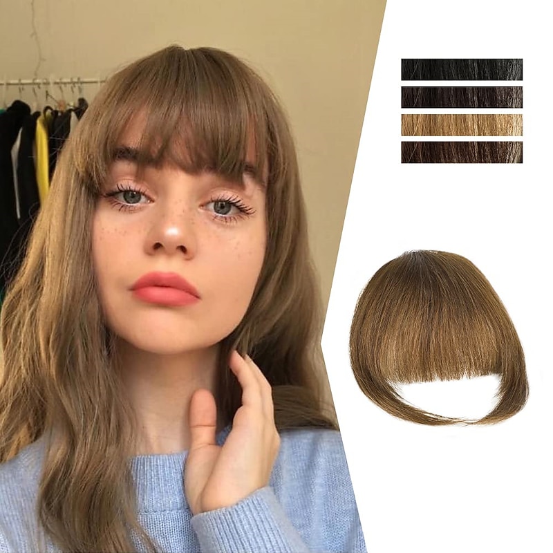 Clip in Bangs for Women 100% Hair Extensions Hairpieces Flat Bangs Clip Curved French Bangs for Daily Wear(Light Brown)