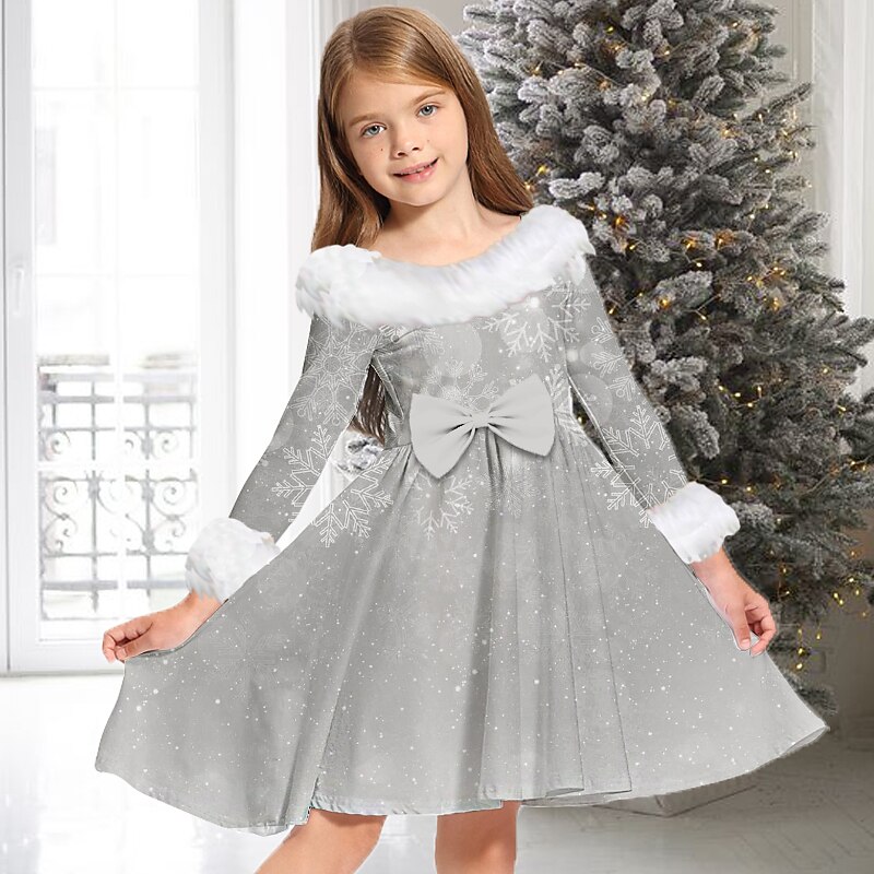 Kids Girls' Dress Gradient Snowflake Long Sleeve Casual Fur Trim Crewneck Adorable Daily Polyester Above Knee Casual Dress Swing Dress A Line Dress Fall Winter 2-13 Years Black Wine Gold2