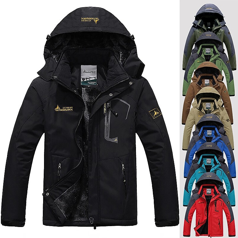 Men's Hoodie Jacket Waterproof Rain Jacket Ski Jacket Fleece Jacket Winter Outdoor Solid Color Thermal Warm Waterproof Windproof Outerwear Windbreaker Coat Camping Hunting Ski / Snowboard Army Green2