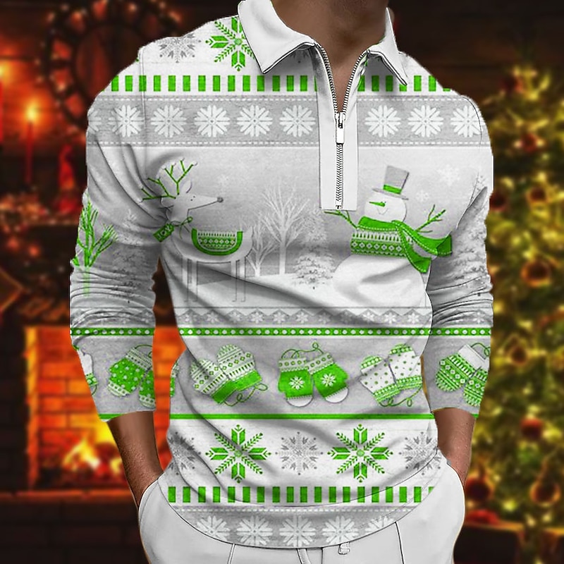 Christmas Men's Santa Claus 3D Zipper Polo Golf Santa Claus Turndown Light Green Red Green Gray 3D Print Street Casual Long Sleeve Zipper Print Clothing Apparel Fashion Designer Casual Breathable3