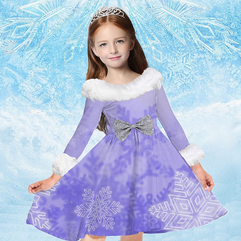 Kids Girls' Dress Snowflake Dress Snowflake Long Sleeve Casual Fur Trim Crewneck Adorable Daily Polyester Above Knee Casual Dress Swing Dress A Line Dress Fall Winter 2-13 Years Navy Blue Royal Blue2