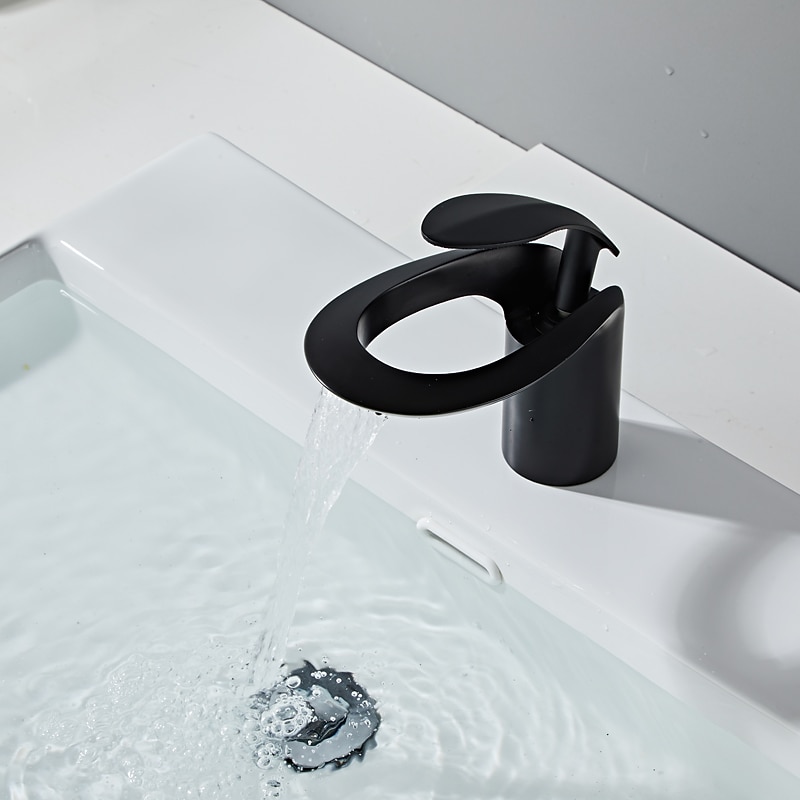 Bathroom Sink Mixer Faucet, Brass Matte Black Waterfall Widespread Single Handle One Hole Vessel Basin Tap with Hot and Cold Switch Chrome White4