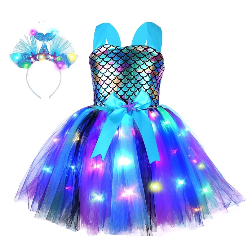 Kids Girls' Dress Solid Color Sequin Mermaid Sleeveless Performance Princess Sweet Cotton Above Knee Party Dress A Line Dress Summer Spring 3-10 Years Light Blue Multicolor White4