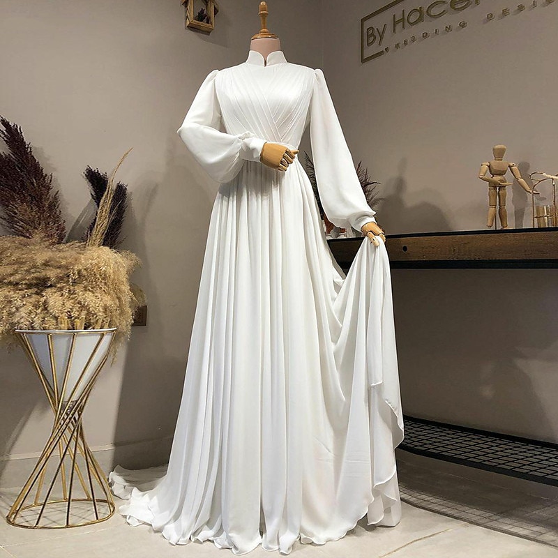 Hall Vintage 1940s / 1950s Casual Wedding Dresses A-Line High Neck Long Sleeve Court Train Chiffon Bridal Gowns With Pleats Solid Color