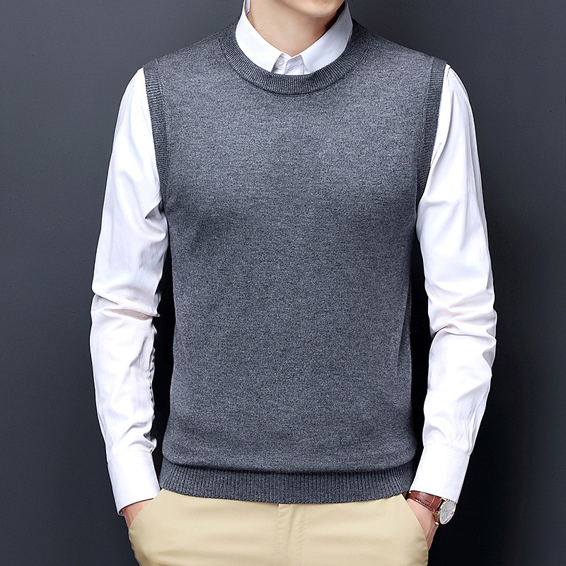 Men's Sweater Vest Dress Sweater Wool Sweater Pullover Sweater Jumper Ribbed Knit Knitted Solid Color Crew Neck Keep Warm Modern Contemporary Work Daily Wear Clothing Apparel Sleeveless Spring &  Fall